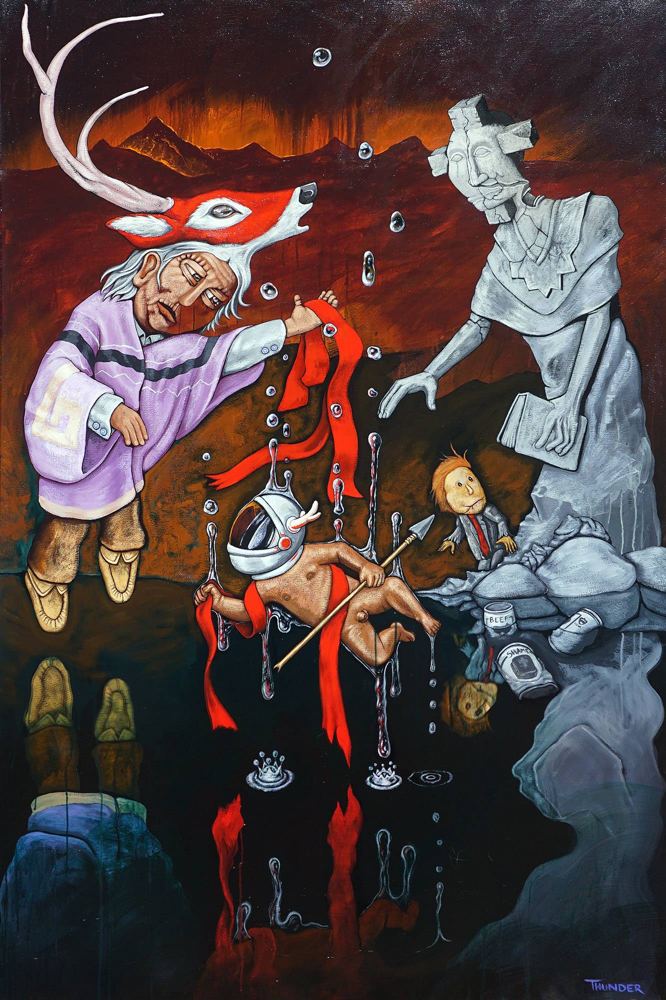 Acrylic painting by Jason Wesaw depicting four figures in a surreal landscape; an indigenous man wearing a fox/deer hybrid head dress, a nude male figure wearing a helmet, a politician figure, and an indigenous statue.